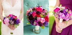 three different bouquets of flowers are shown in four separate pictures, one is purple and the other is red