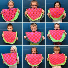 a collage of photos showing children holding up slices of watermelon