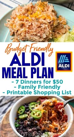 an ad for the aldi meal plan on a plate with vegetables and rice in it