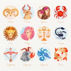 zodiac signs are depicted in this watercolor painting style, including leo and libra