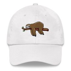 "Sloth embroidered baseball hat. Cute and funny gifts. Perfect for boyfriend, girlfriend, people who loves camping, hiking also animal wildlife lovers. * 100% chino cotton twill * Green Camo color is 35% chino cotton twill, 65% polyester * Unstructured, 6-panel, low-profile * 6 embroidered eyelets * 3 ⅛\" (7.6 cm) crown * Adjustable strap with antique buckle Please visit our homepage here:  https://www.etsy.com/shop/StudioHatTrick ----------------- Sloth Dad Hat / Sloth gift for him / Sloth gift for her / Cute funny sleeping sloth embroidered baseball hat / Wild life gift / Animal hat" Novelty Snapback Hat, Funny White Adjustable Baseball Cap, Casual Baseball Cap With Flat Bill As Gift, Casual Baseball Cap With Embroidered Logo As Gift, Funny White Hat As A Gift, Funny White Hat For Gift, Casual Flat Bill Baseball Cap As Gift, Funny White Hat As Gift, Novelty Cotton Adjustable Baseball Cap