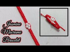 the beaded bracelet is red and white with pearls on it's end,