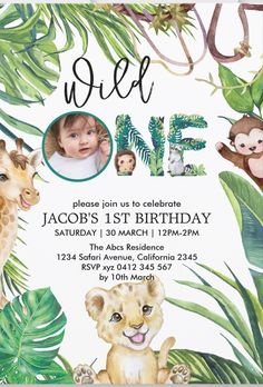 a baby's first birthday party with jungle animals and monkeys on it is shown