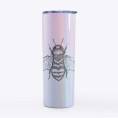 a pink and blue stainless steel tumbler with a bee on the side, sitting in front of a white background