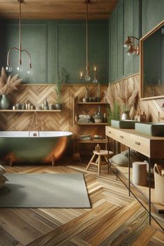 a bathroom with green walls and wooden floors, an oval bathtub in the center