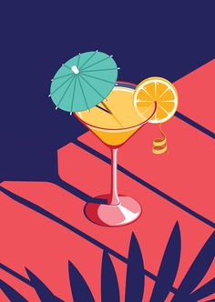 a cocktail glass with an orange slice and umbrella