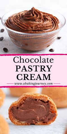 chocolate pastry cream in a glass bowl on top of a white table with other pastries