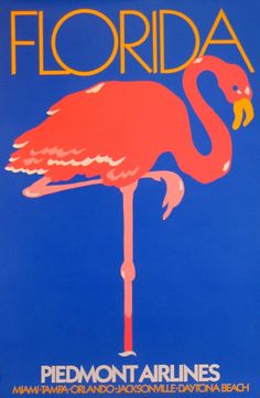 a pink flamingo standing on top of a blue background with the words florida written below it