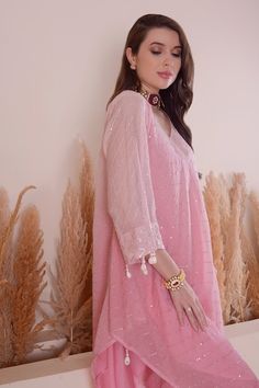 Buy Pink Kurta And Pant Mul Chanderi Embroidery Stripe Pattern Asymmetric & Set For Women by Surabhi Arya Online at Aza Fashions. Asymmetric Kurta, Pink Kurta, Peony Pink, Sequin Embroidery, Sequins Embroidery, Straight Pants, Set For Women, Aza Fashion, Fashion Set