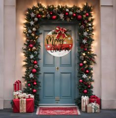 a blue door decorated with christmas decorations and presents