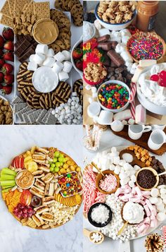 a table filled with lots of different types of snacks and desserts on it's sides