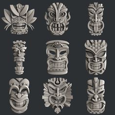 an assortment of carved masks on a black background, each with different designs and colors