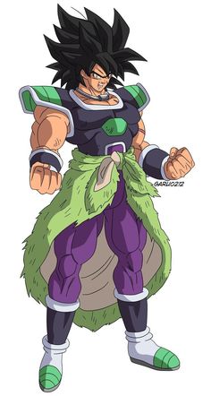 a cartoon character with black hair and green pants, holding his arms out in the air