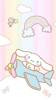 an image of a cartoon bunny flying in the sky with a rainbow and clouds behind it