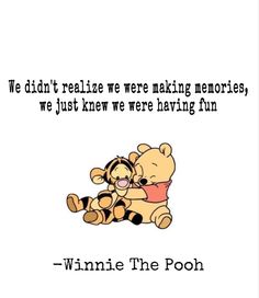 winnie the pooh and her teddy bear hug in front of a quote that reads, we didn't really have making memories, we just knew we're having fun