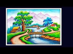 a painting of a river with houses and trees