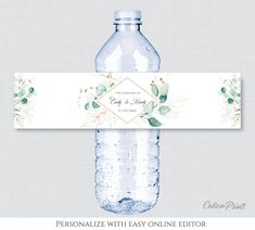 Wedding Party Add-On Water Bottle Label Template, SOFIE Collection Girl Room Quotes, Seating Wedding, Water Bottle Labels Template, Bottle Label Template, Eucalyptus Green, Editable Labels, Water Bottle Label, Elegant Calligraphy, Leaves Design