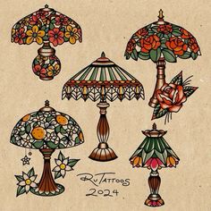 an assortment of stained glass lamps with flowers and leaves on the top, below them