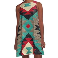 Loose-fit, mid-length sleeveless dress with silky handfeel. Printed on both sides. Machine washable. Size range XS-2XL. Navajo Blanket pattern, turquise, red, grey, black Navajo Traditional Dress, Navajo Rug Dress, Navajo Blanket Pattern, Navajo Dress, Navajo Blankets, Aztec Blanket Navajo, Navajo Blankets For Sale, Navajo Blanket, Woven Dress