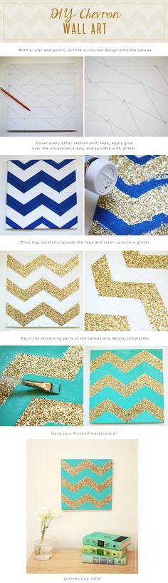 step by step instructions to make diy chevron wall art with gold glitter paint