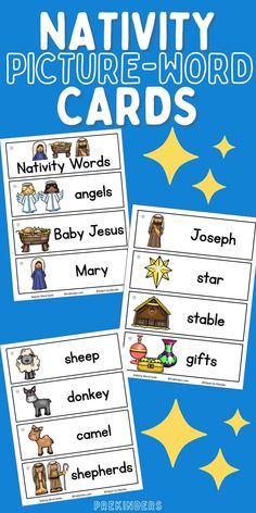 These Nativity picture-word cards are perfect to use in Christian preschool programs, Sunday schools, or homeschool Bible lessons. Use these 12 colorful cards to create a word wall, a picture dictionary, or in the writing center. Words in this set include angels, baby Jesus, Mary, Joseph, star, stable, sheep, donkey, camel, and more. Use these free printable word cards to make learning about the nativity fun and exciting this Christmas season! Nativity For Toddlers, Nativity Theme Preschool, Nativity Preschool, Nativity Printables, Angel Printable, Kindergarten Christmas Activities, Printable Nativity, Cards With Pictures, Letter Flashcards