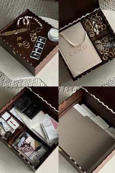 four pictures of the inside of a box with jewelry and pearls on it's sides