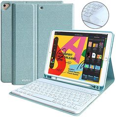 an ipad case with a keyboard attached to the front and back cover in light blue