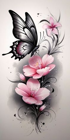 some pink flowers and a butterfly on a white background