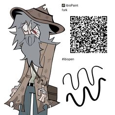 an image of a cartoon character with a hat and coat, standing in front of a qr code