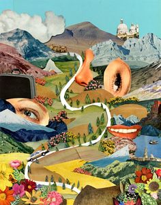 a collage of images with mountains, flowers, and clouds in the background is an image of a woman's face