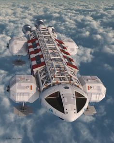 an artist's rendering of a space shuttle in the sky with clouds around it