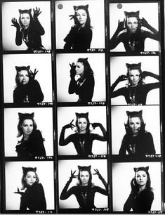 black and white photo of catwomans in various poses with their hands on their ears