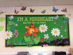 a bulletin board with flowers and butterflies on it in front of a classroom wall that says i'm a minibeast get me out of here