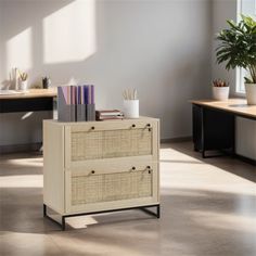 a white cabinet with two drawers and some books on it in an office space next to desks