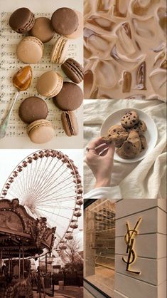 the collage shows different types of pastries, including macaroons and cookies