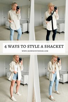 4 Ways To Style A Shacket for Spring - Red White & Denim Japan Spring Outfit Travel, Japan Spring Outfit, Style A Shacket, White Denim Jacket Outfit, Tokyo Autumn, Shacket Outfit Women, Shirt Jacket Outfit, Shacket Outfits, Salon Outfits