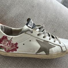 Beautiful Authentic Golden Goose Sneakers, Size 38, Fits 8.5 Women Shoe Size. There Is A Beautiful Pink Peony Hand Painted On One Shoe. Used And In Good Condition. Golden Goose Women, Shoes Golden Goose, Goose Sneakers, Goose Shoes, Golden Goose Sneakers, Golden Goose Shoes, Pink Peony, Pink Peonies, Golden Goose