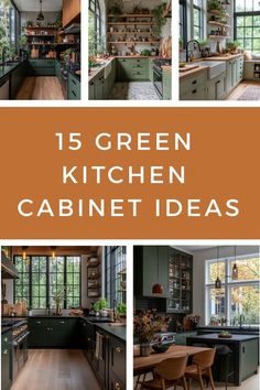 green kitchen cabinets with wooden flooring and table in the center, surrounded by windows