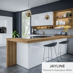 a modern kitchen with white cabinets and wooden counter tops, along with bar stools