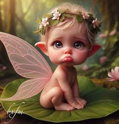 a little fairy sitting on top of a leaf in the forest with flowers around her