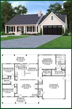 two story house plans with garage and living room on the first floor are shown in this image