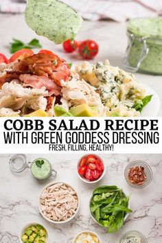 cobb salad recipe with green goddess dressing and fresh, fillings that are ready to eat