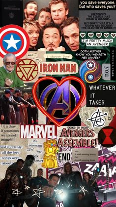 the collage has many different pictures and words on it, including iron man's face