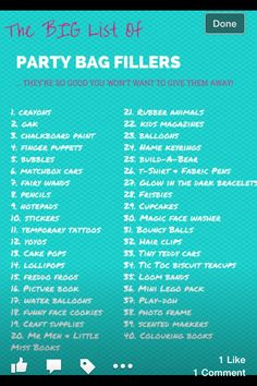 the big list of party bag fillers on a blue background with pink lettering and white letters