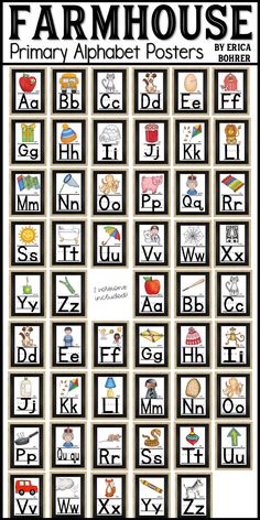 a poster with letters and numbers on it for the farmhouse alphabet posters, which are printed