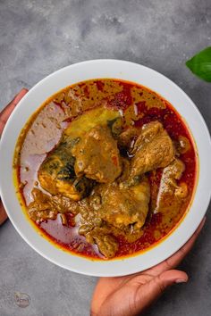 two hands holding a bowl of food with meat and vegetables in sauce on the side