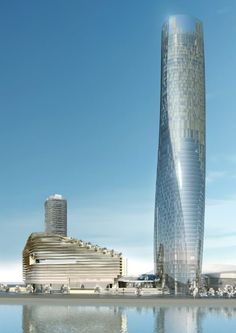 an architectural rendering of a tall building next to a body of water with buildings in the background