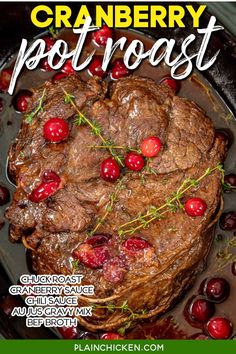 cranberry pot roast recipe in the slow cooker with text overlay that says cranberry pot roast