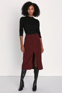 Burgundy Midi Skirt - Corduroy Midi Skirt - Midi Skirt - Lulus Burgundy Skirt Outfit, Burgundy Midi Skirt, Corduroy Skirt Outfit, Corduroy Midi Skirt, Red Midi Skirt, Burgundy Outfit, Burgundy Skirt, Midi Skirt Outfit, Lulu Fashion