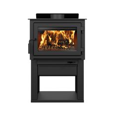 a black stove with flames in it